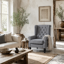 Linimo Light Grey Retro Wingback Accent Chair With Button Tufted Upholstery