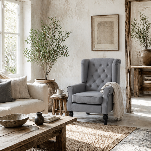 Linimo Light Grey Retro Wingback Accent Chair With Button Tufted Upholstery