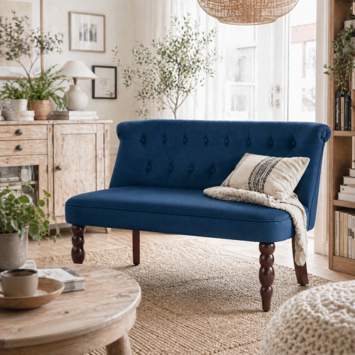 Layono Dark Blue Velvet Diamond Button Tufted Wingback 2 Seater Sofa