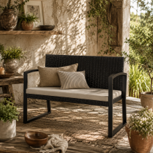 Lalepa Black Rattan Beige 2 Seater Outdoor Garden Bench