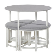 Bavino Metal And Fabric Grey Round Dining Table With 4 Upholstered Stools