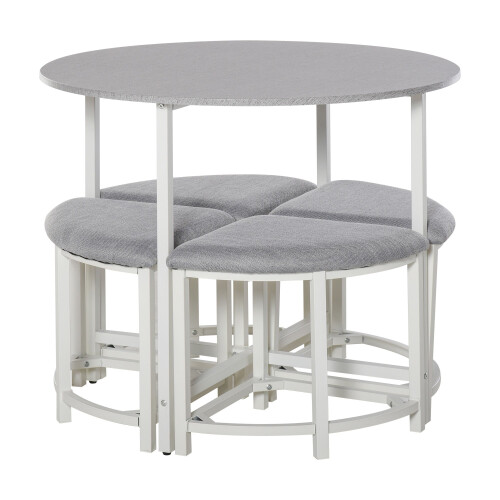 Bavino Metal And Fabric Grey Round Dining Table With 4 Upholstered Stools