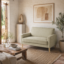 Vikava Beige Velvet Upholstered 2 Seater Sofa Natural Wooden Legs