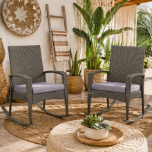Lora Set Of 2 Grey Rattan Outdoor Garden Rocking Chairs With Cushions