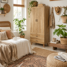 Corasoro Natural Wood Finish 2 Door Modern Wardrobe With 2 Drawers And Hanging Rail