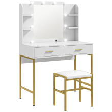 Doraro White LED Dressing Table With Lighted Mirror Cushioned Stool Drawers And Shelves