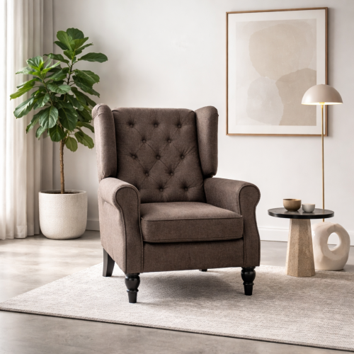 Mizi Fabric Brown Wingback Accent Chair With Button Tufted Upholstery