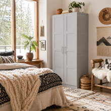 Coralani Wooden Grey 2 Door Wardrobe With Hanging Rail Internal and Shelf