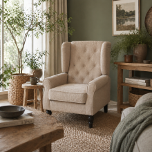 Nobael Beige Retro Wingback Accent Chair With Diamond Button Tufted Upholstery