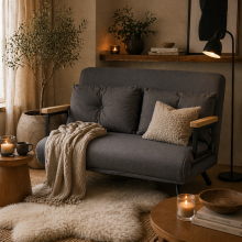 Dima Velvet Dark Grey 4 In One Convertible Double Sofa Bed With Cushions and Wooden Armrests