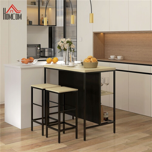 Bar Table and 2 Stools Set Steel Frame Black Oak 2