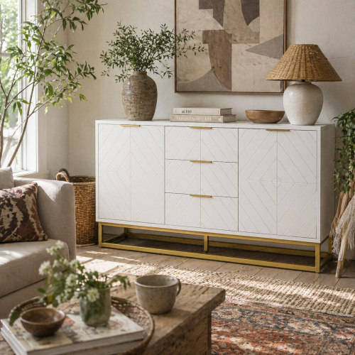 Luka White Sideboard 3 Drawers 2 Doors Chevron Design Gold Accents
