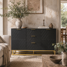 Varase Black Sideboard 3 Drawers 2 Doors Gold Accents