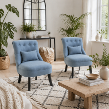Zilono Set Of 2 Blue Armless Button Tufted Tub Chairs With Linen Upholstery