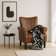 Vafi Brown Faux Leather Mid Century Accent Armchair With Rolled Arms And Wooden Legs