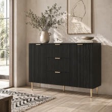 Surara Baro Black Ribbed 2 Door Sideboard 3 Drawers 2 Shelves Gold Accents