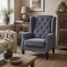 Vanola Fabric Grey Retro Wingback Accent Armchair With Diamond Button Tufted Upholstery