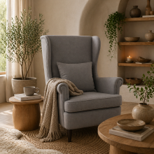 Harire Grey Velvet Wingback Accent Chair With High Back Pillow And Wooden Legs
