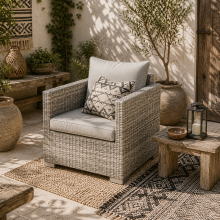 Karettano Rattan Grey Single Outdoor Armchair With Cushions And Armrests