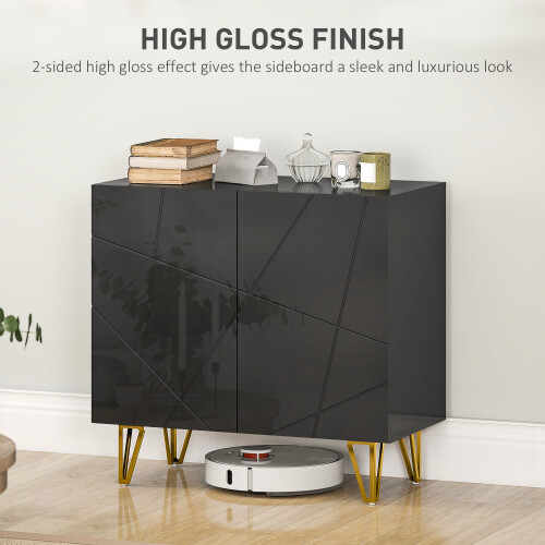 Diro High Gloss Black Geometric Pattern Sideboard With Gold Hairpin Legs 2