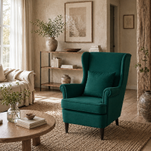 Velvet Dark Green Wingback Accent Chair With High Back Pillow And Wooden Legs