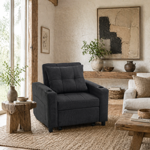 Soliri Black Upholstered 3 In One Convertible Single Sofa Bed Tufted Cushion