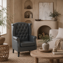 Radima Grey Faux Leather Chesterfield Wingback Accent Armchair With Nail Head Trim