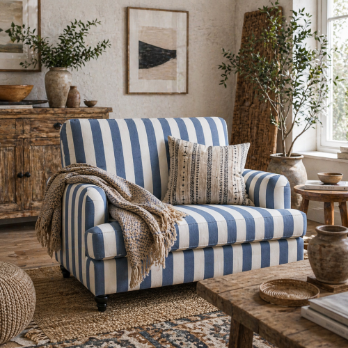 Yosefi Blue And White Velvet Cuddle Accent Sofa Stripe Design