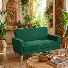 Neraro Forest Green Velvet Upholstered 2 Seater Sofa Natural Wooden Legs