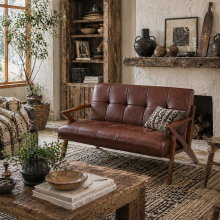 Kara Faux Leather Brown Compact 2 Seater Sofa With Tufted Back