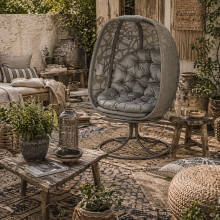 Nise Rattan And Metal Grey Swivel Egg Chair With Cushions