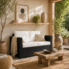 Toha Rattan Black 2 Seater Outdoor Sofa With White Cushions