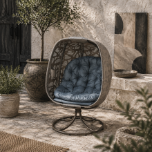 Nise Rattan And Metal Sand Brown Swivel Egg Chair With Cushions