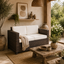 Sese Rattan Brown 2 Seater Outdoor Sofa with White Cushions