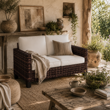 Palo Brown Rattan 2 Seater Outdoor Sofa With White Cushions