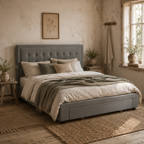 Dineno 5FT Grey King Size Ottoman Bed Frame With Built In Front Divan Storage Drawer