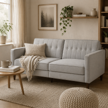 Sasari Velvet Light Grey Convertible Futon Sofa Bed With Tufted Seat And Split Back