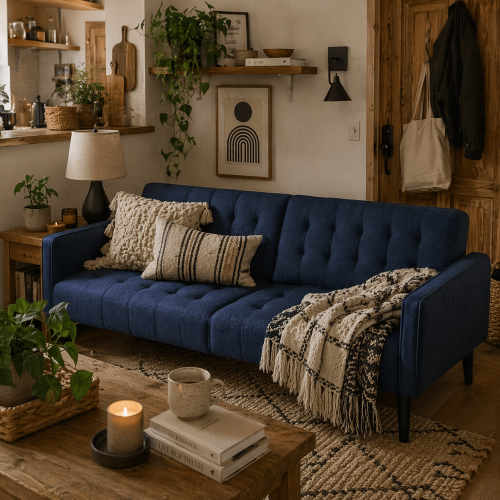 Rolano Dark Blue Upholstered 3 Seater Sofa Bed Tufted Diamond Pattern