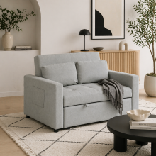 Sedisa Fabric Light Grey 2 Seater Convertible Sofa Bed With Side Pockets And Cushions
