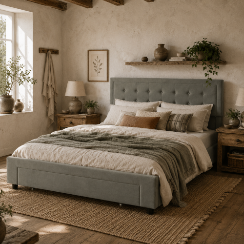 Rela 4FT6 Double Ottoman Bed Frame with Integrated Front Divan Drawer Storage In Grey