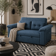 Nomo Cori Fabric Blue 2 Seater Click Clack Sofa Bed With Side Pockets And Cushions