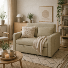 Venido Loni Beige Fabric 2 Seater Sofa Bed With Side Pockets And Cushions