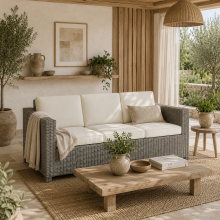 Necolo Rattan Cream 3 Seater Outdoor Sofa with Cream Cushions