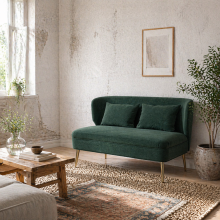 Madi Linen Effect Dark Green 2 Seater Sofa With Wingback Design And Gold Metal Legs