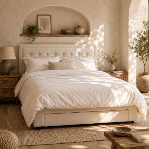 Double 4FT6 Ottoman Bed Frame with Front Divan Drawer Storage Cream