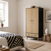 Belavyn Black and Natural Chevron Wardrobe With Hanging Rod Top Shelves And 2 Drawers