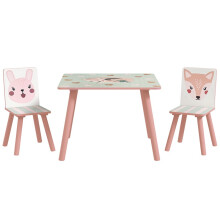 Kinderset van hout met tafel en 2 stoelen in roze dierenprint