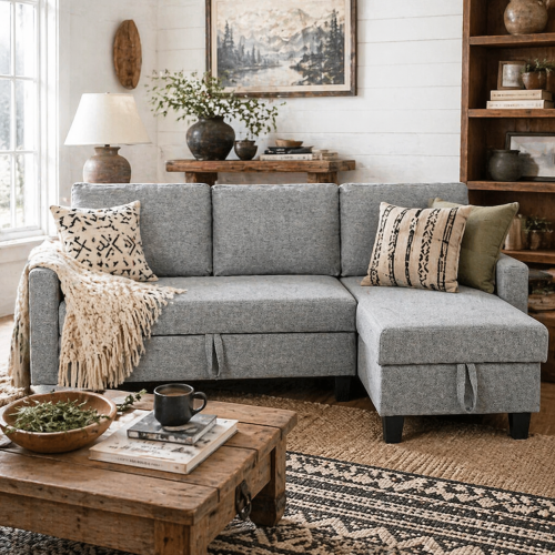Fima Light Grey Fabric Upholstered 3 Seater Sofa Bed With Storage