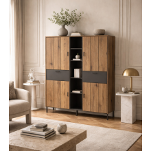 Nightbloom Grey and Oak Effect Wood Wardrobe 4 Door 2 Drawer 4 Shelves