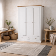 Ardee White and Natural Oak Wood Sliding Wardrobe 3 Drawers 3 Doors